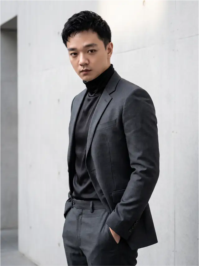 Justin Won in a charcoal suit and black turtleneck against concrete
